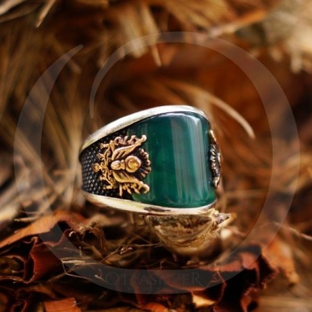 Curved Green Agate Stone Sterling Silver Ring For Men